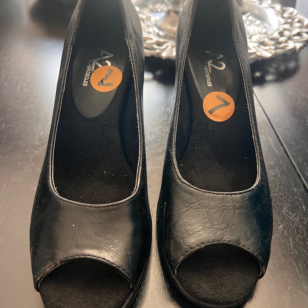 A2 by Aerosoles Black Peep-Toe Wedges - Picture 2 of 5